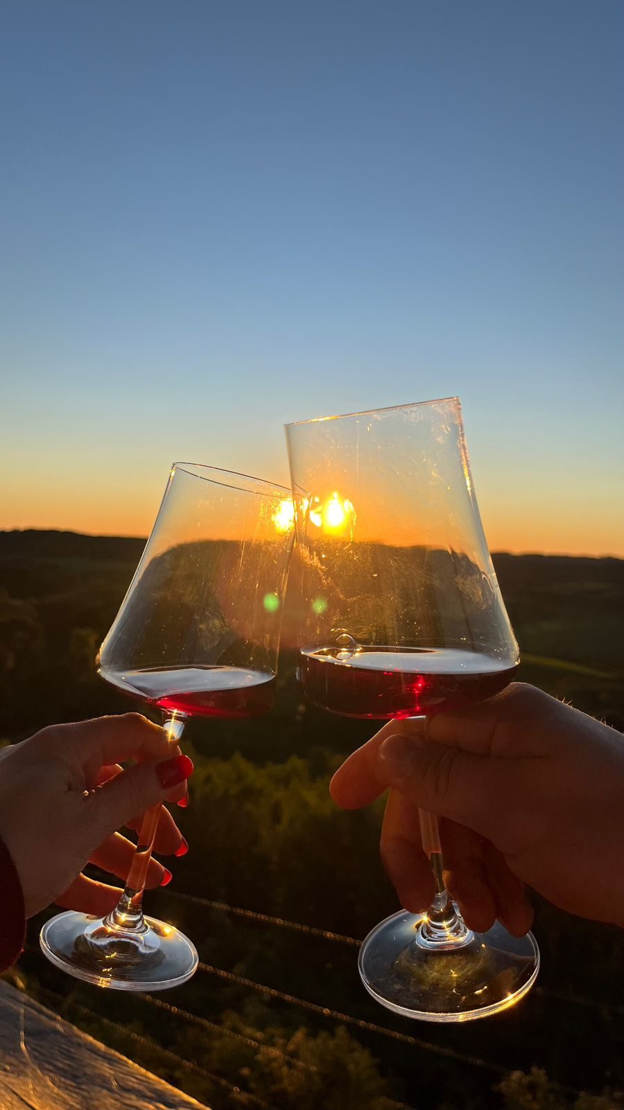 Brinde com taças de vinho durante o pôr do sol no Celeiro